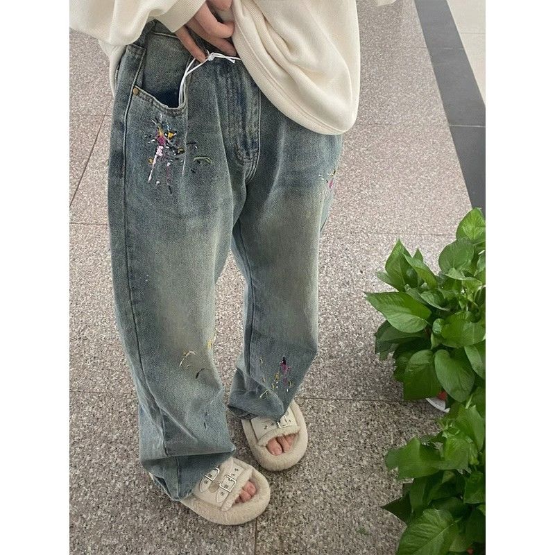 美式復古高街潑墨牛仔褲女秋季新款水洗做舊直筒高腰窄版闊腿褲子