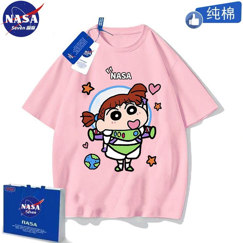 NASA Crayon Shin-chan short-sleeved boys and girls summer cotton T-shirt Western style cartoon cute pink top middle and older children
