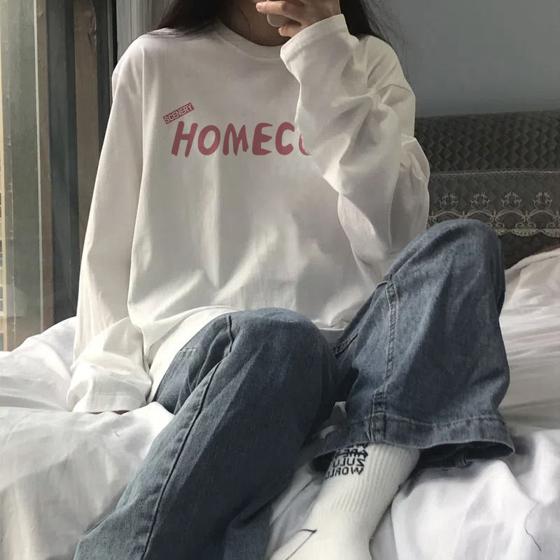 100%純棉長袖T恤女2023秋季新款學生韓版寬印花打底衫上衣ins潮