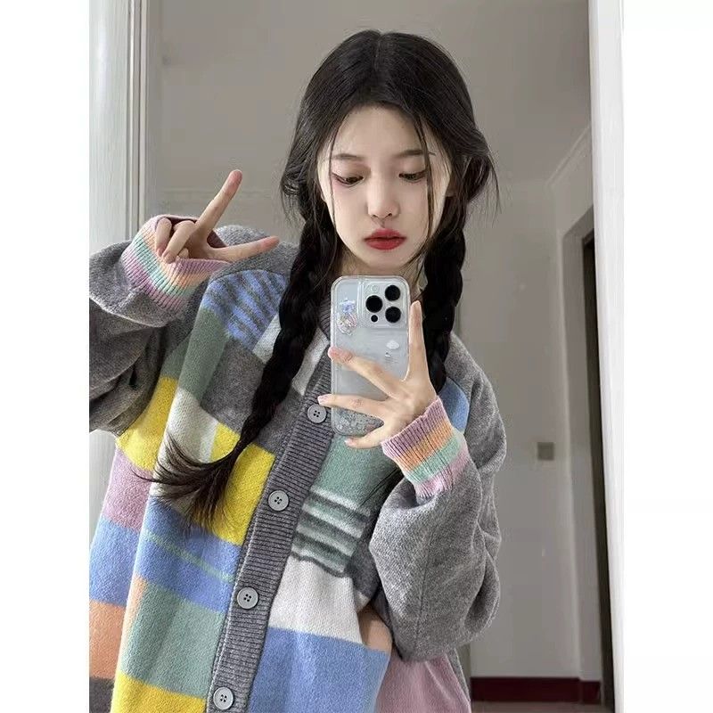 美式復古彩色格子毛衣女秋冬新款百搭加厚寬鬆設計感針織開衫外套