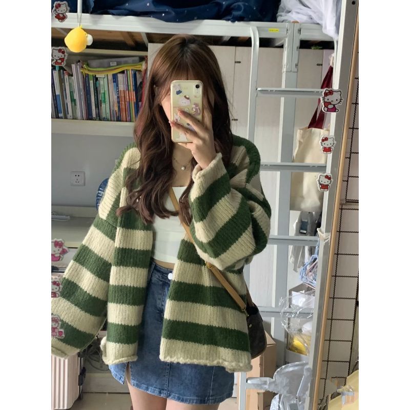 秋季學院風甜美條紋V領開衫針織毛衣女學生韓版寬鬆慵懶上衣外套