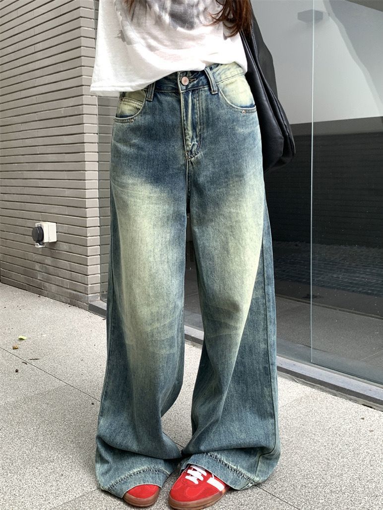 美式街頭直筒大碼復古水洗闊腿牛仔褲女寬鬆顯瘦垂感拖地長褲百搭