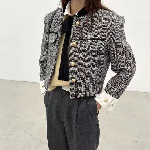 Korean chic winter retro plaid metal button short quilted tweed thickened jacket women's short top