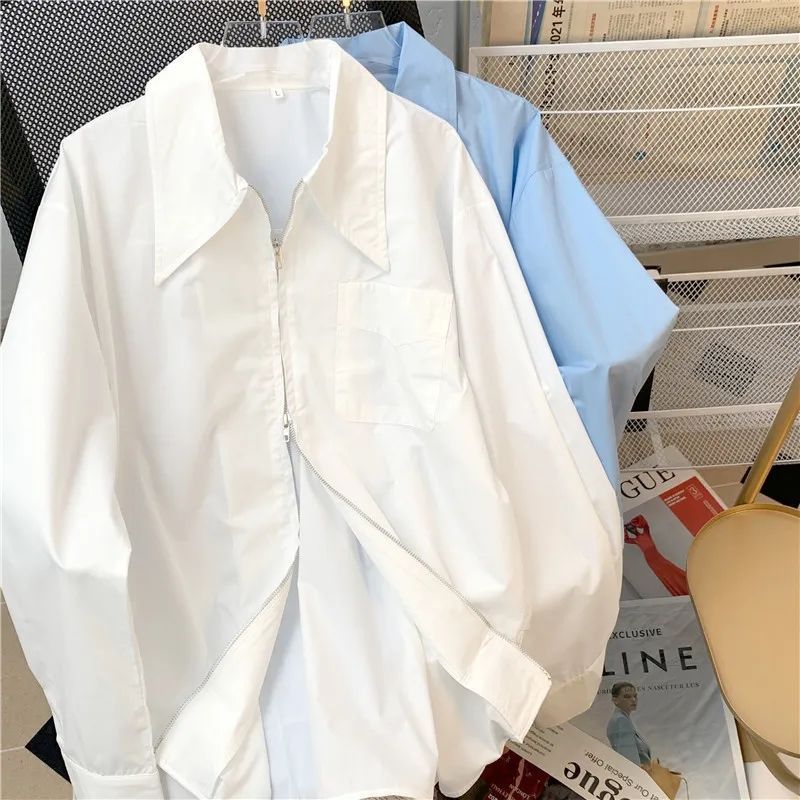 POLO领白色长袖衬衫女早秋季新款拉链设计感衬衣百搭宽松显瘦上衣