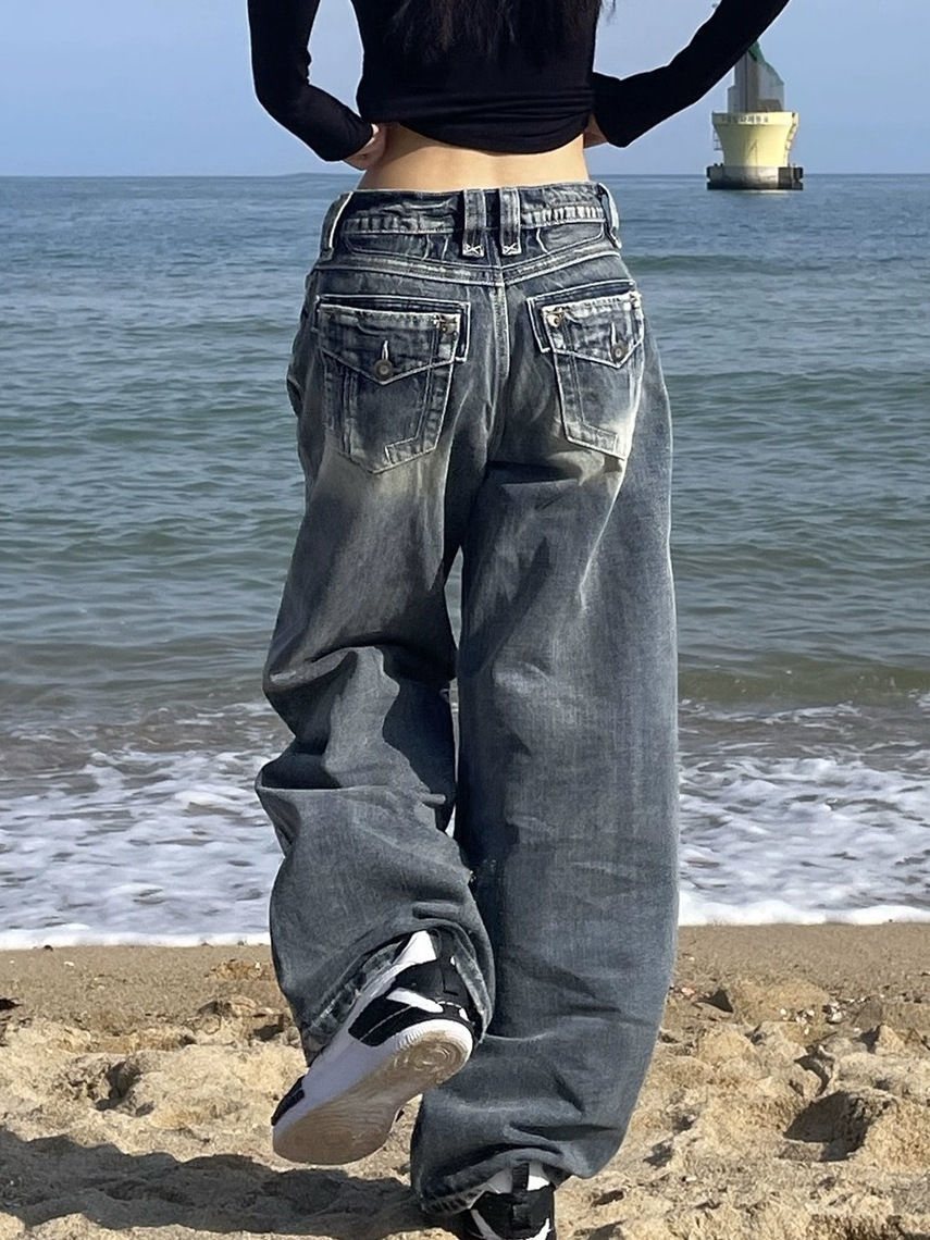 美式大碼水洗做舊高街直筒闊腿牛仔褲女寬鬆垂感拖地長褲子潮ins