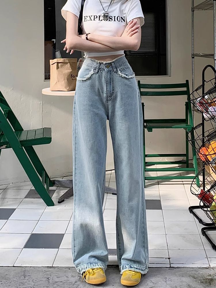 淺藍色毛邊闊腿牛仔褲女秋季新款設計感高腰寬鬆顯瘦直筒拖地褲子
