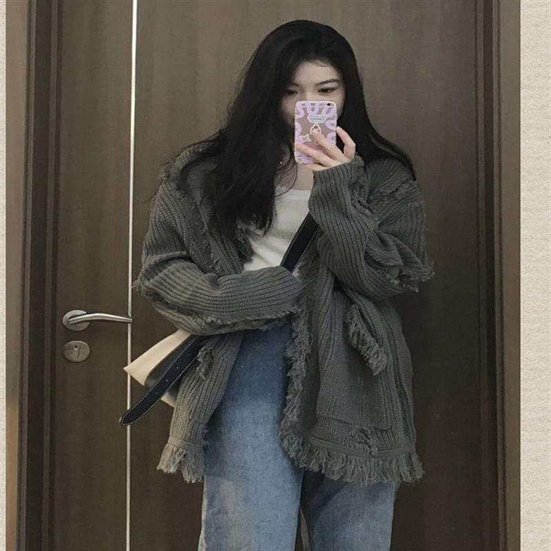 針織衫毛衣女秋冬季新款慵懶風毛邊流蘇寬鬆長袖開衫上衣外套女裝