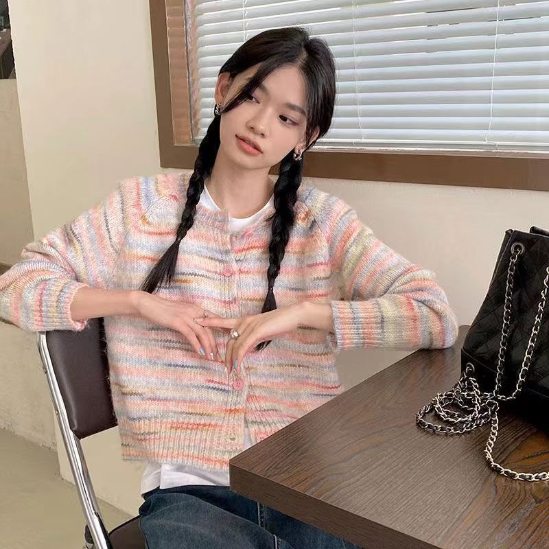 粉色漸變毛衣開衫女秋冬慵懶風設計感小眾寬鬆軟糯圓領針織衫外套