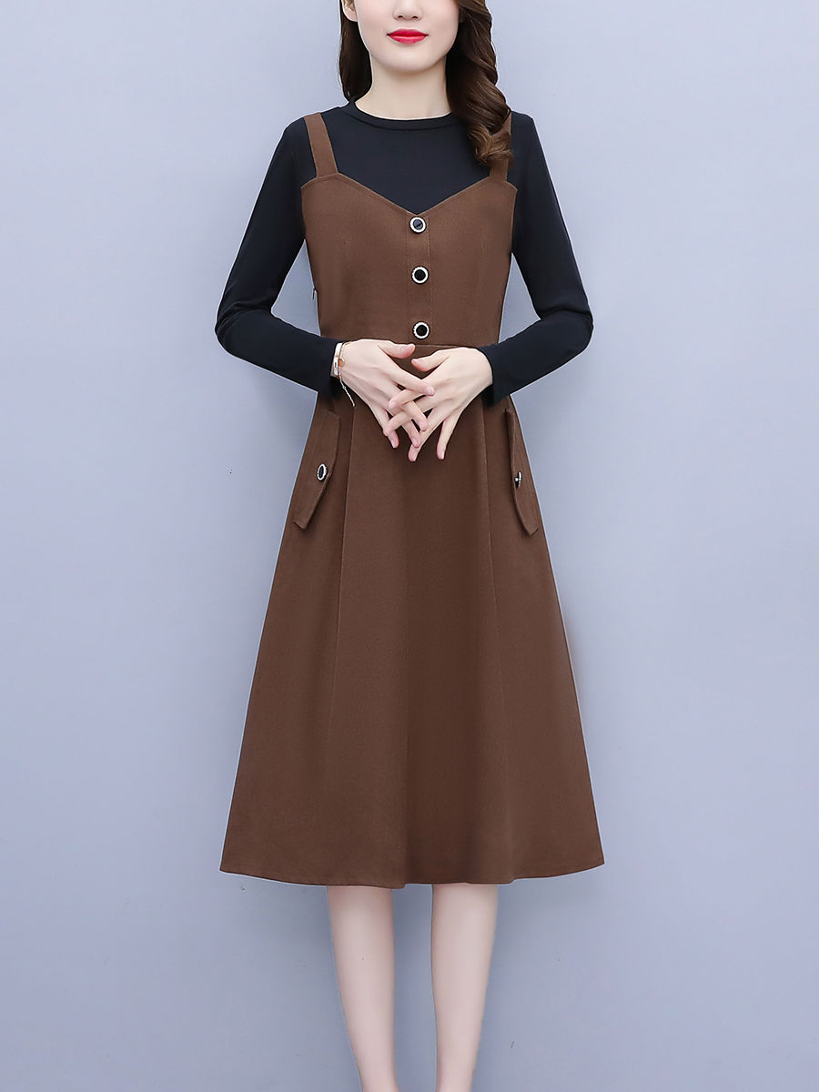 高檔長袖連衣裙女2023新款秋季時尚洋氣拼接假兩件胖mm中長款裙子