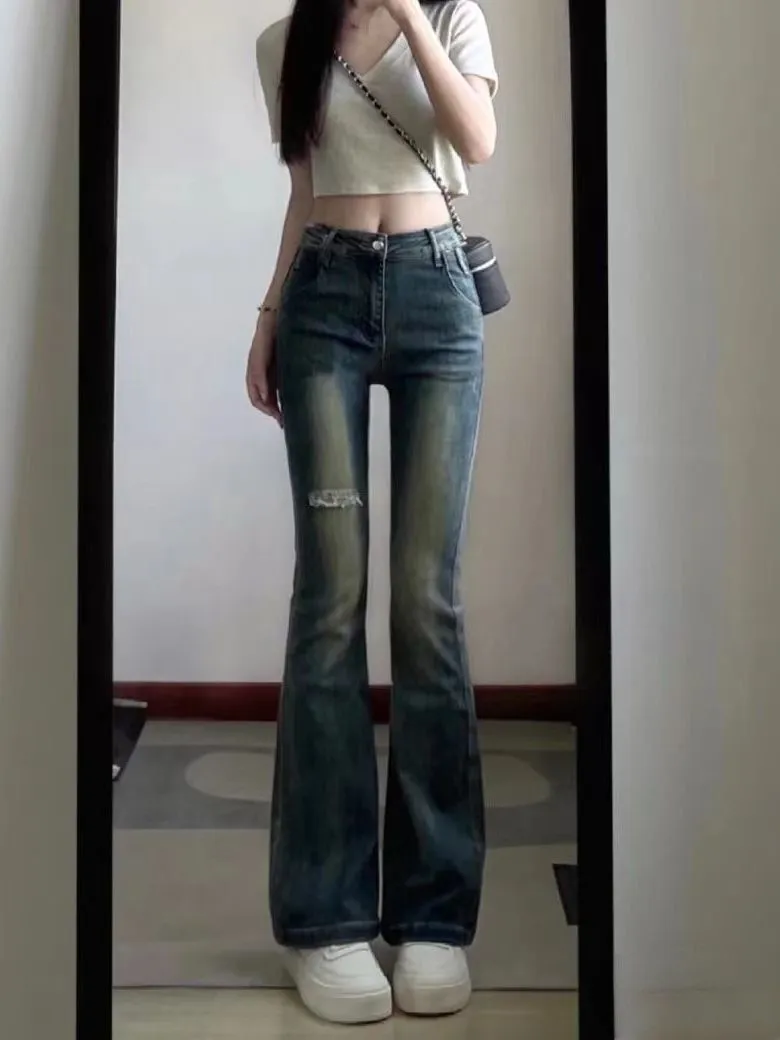 破洞微喇叭牛仔褲女復古高腰顯瘦彈力新款辣妹直筒拖地褲子ins潮