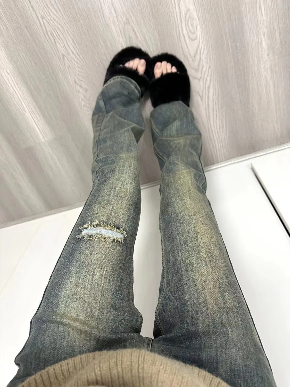 高品質美式辣妹顯瘦喇叭褲微辣牛仔褲女春夏季復古破洞牛仔褲修身