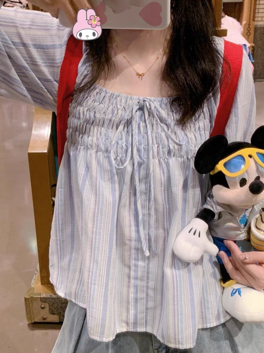 法式甜美條紋長袖襯衫早秋上衣女設計感打攬別致小眾百搭顯瘦襯衣