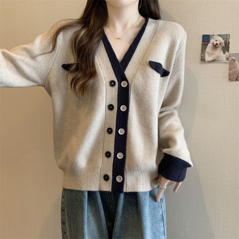 高級百搭洋氣長袖開衫外套女2023秋季V領撞色溫柔遮肉顯瘦針織衫