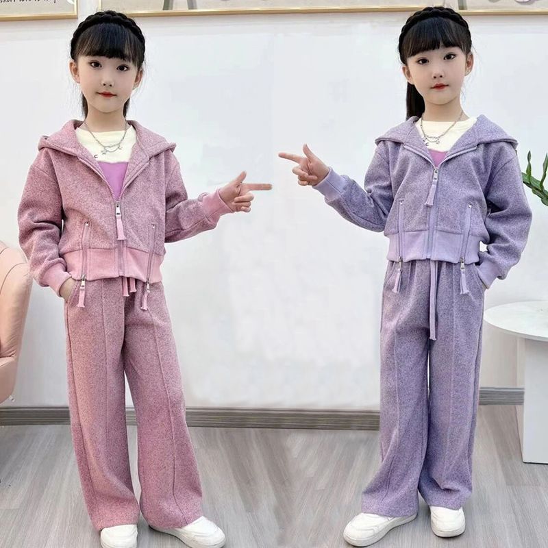 Girls' Autumn Clothes Suit, Children's Korean Style Fashionable Casual Internet Celebrity Hooded Sweatshirt Sports Wide Leg Pants Two-piece Set