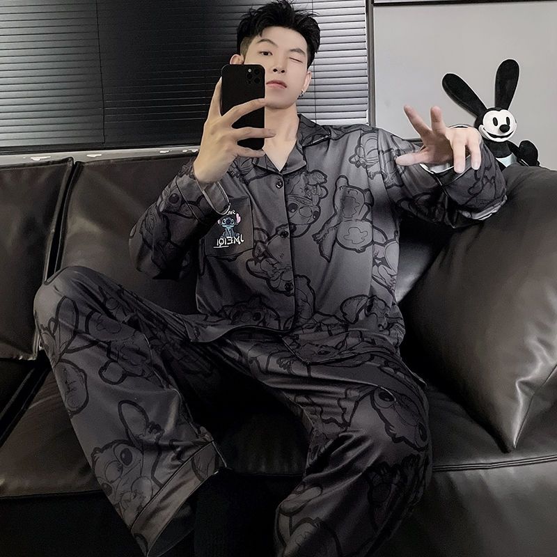 史迪仔睡衣男款2023年春秋卡通家居服青少年外穿薄款男士大碼套裝