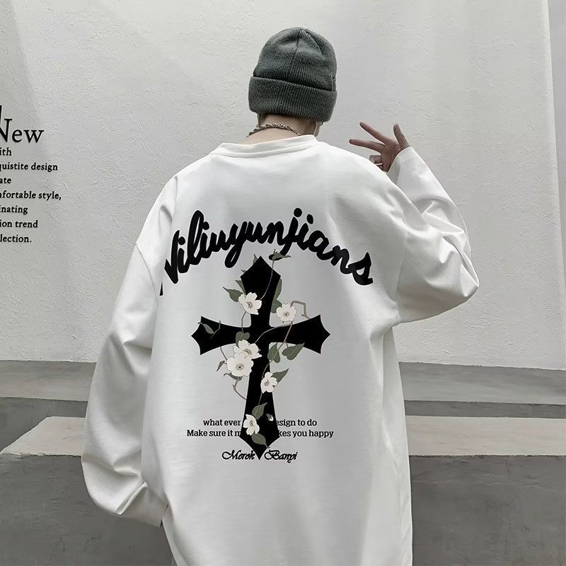 長袖t恤男春秋季薄款國潮印花圓領上衣服寬鬆潮流ins秋衣打底衫
