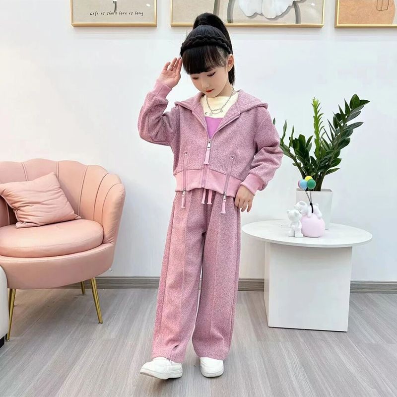 Girls' Autumn Clothes Suit, Children's Korean Style Fashionable Casual Internet Celebrity Hooded Sweatshirt Sports Wide Leg Pants Two-piece Set