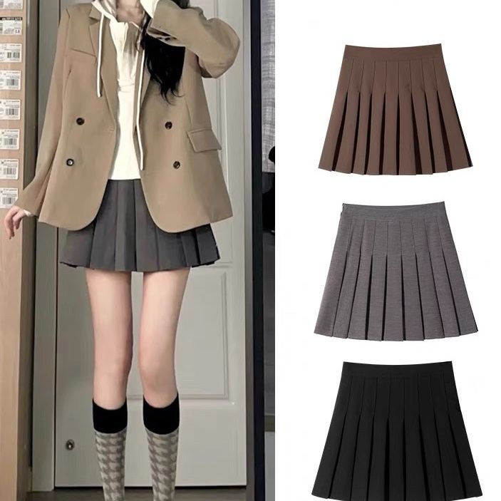 Black high-waisted pleated skirt for women in summer slimming new suit material anti-exposure small A-line short skirt