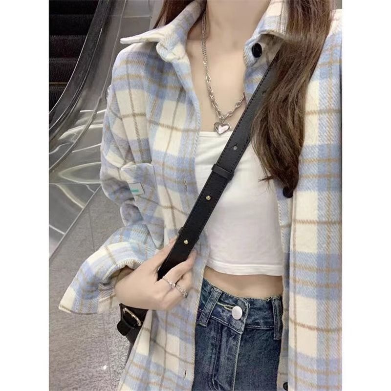 春秋藍色長袖格子襯衫女2023新款復古港風chic設計感磨毛小眾外套