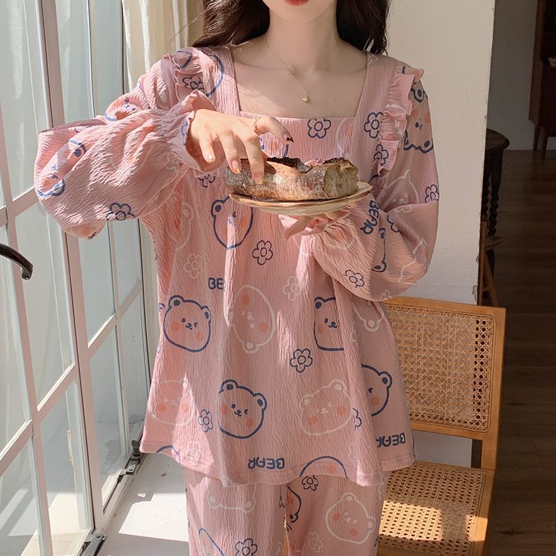 新款卡通睡衣女士春秋季長袖宮廷套裝冬天可外穿公主風網紅家居服