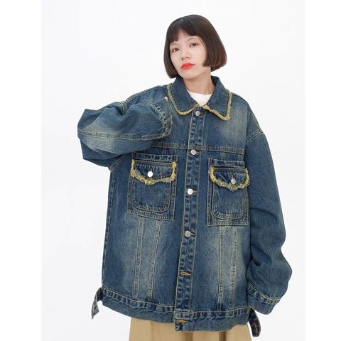 毛邊復古做舊水洗牛仔外套女2023早秋季新款寬鬆bf街頭情侶夾克潮