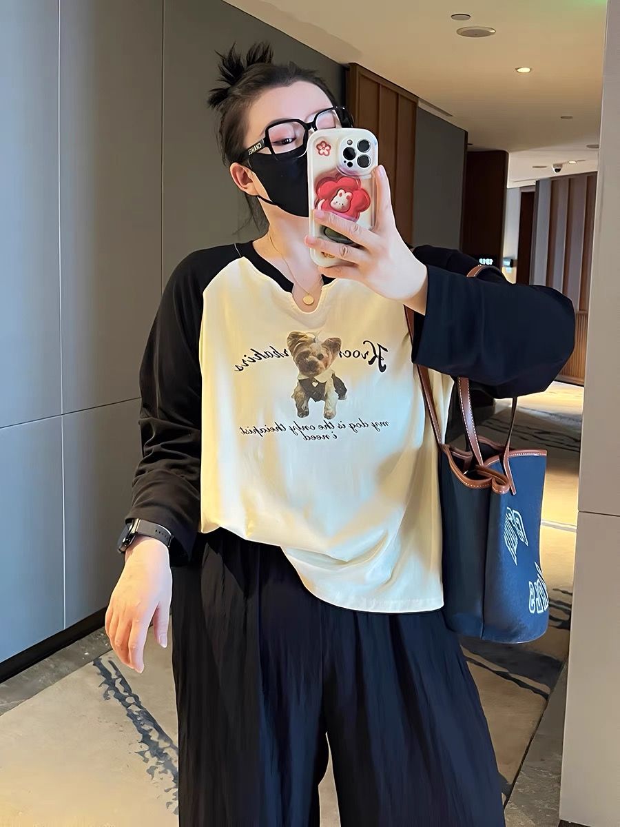 大碼女裝秋季新款胖mm200斤休閒長袖上衣顯瘦減齡插肩袖寬鬆T恤女