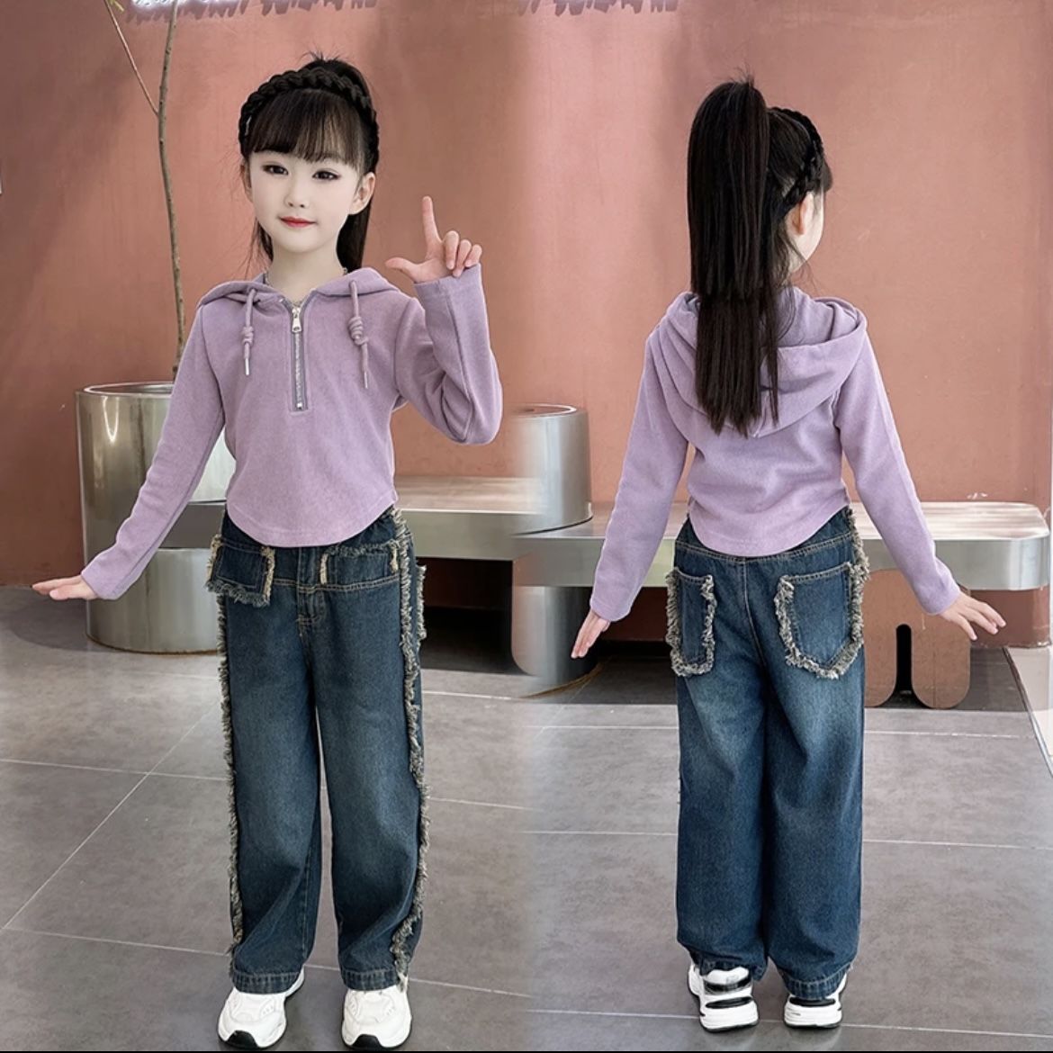 Girls Suit Autumn New 2023 Baby Korean Style Fashionable Hooded Sweatshirt Jeans Children's Western Style Two-piece Set