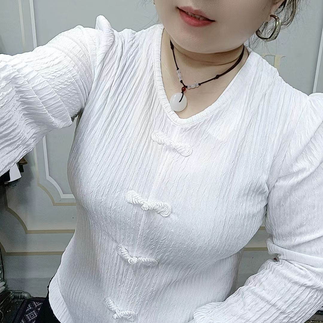 中國風文藝范復古盤扣上衣女秋裝洋氣V領T恤長袖民族風小清新襯衫