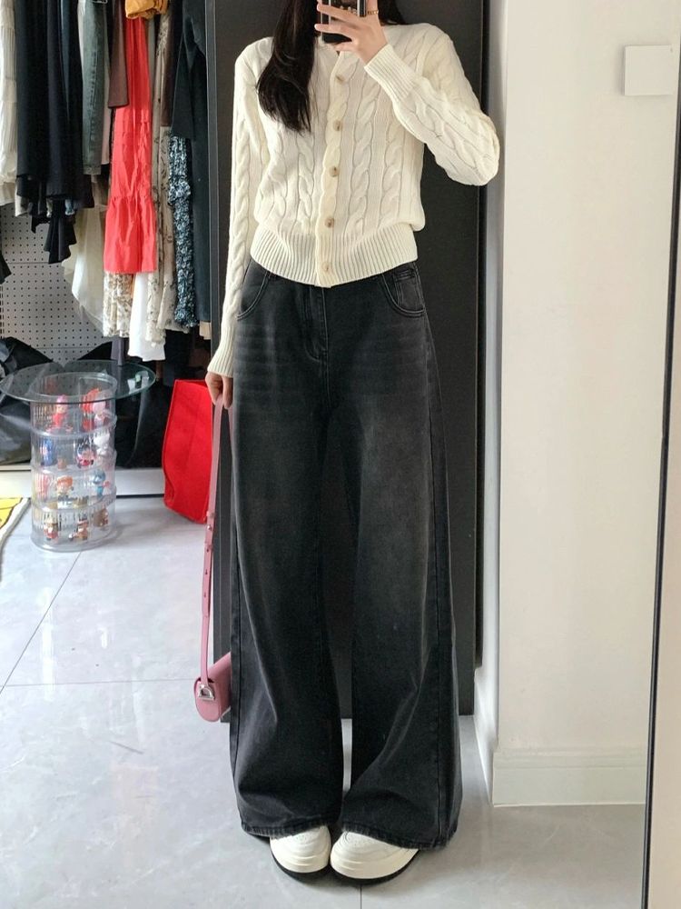 黑灰色闊腿牛仔褲女秋季新款高腰寬鬆遮肉顯瘦百搭直筒拖地褲子潮