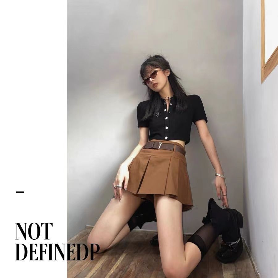 Brown American Retro Pleated Miniskirt Little Women Summer College Style High Waist Hot Girl A-Line Skirt