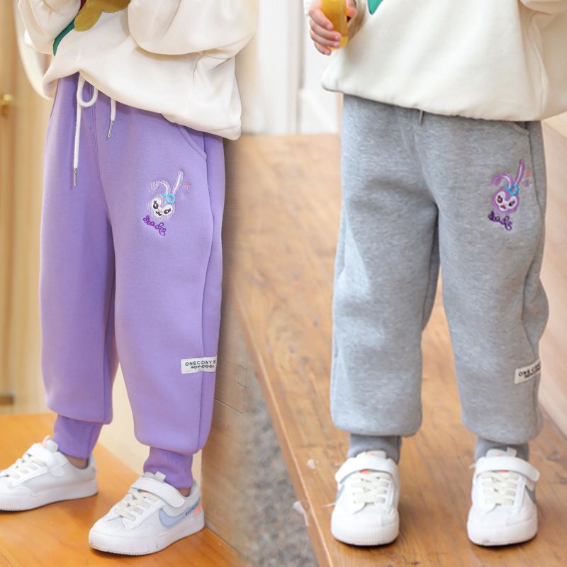 Girls' spring and autumn trousers, autumn and winter velvet children's style sports pants, thickened baby girl's casual outer trousers