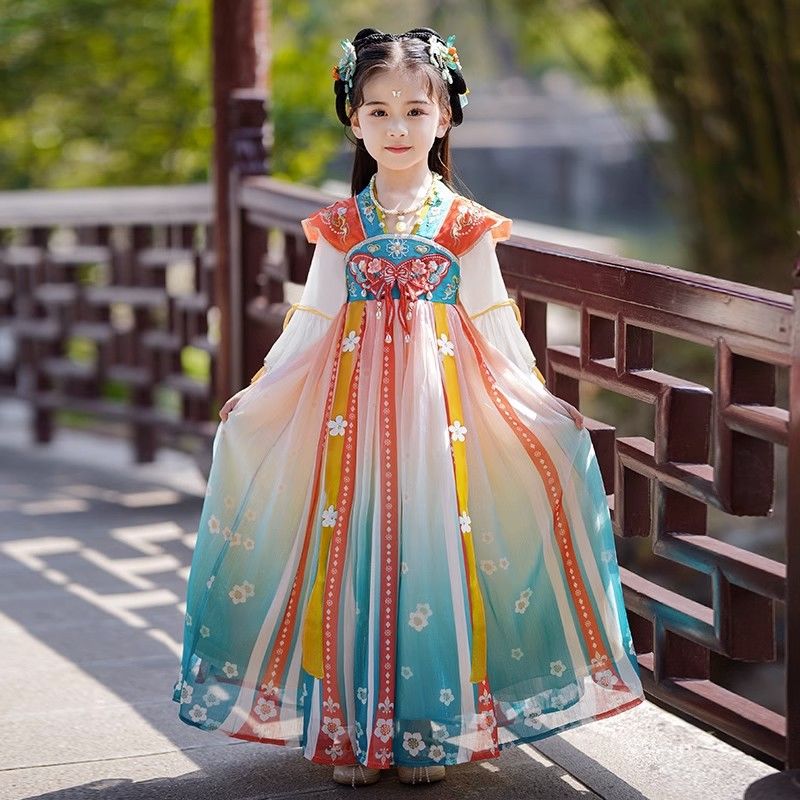 中秋女童漢服秋裝2023新款中國風古裝公主裙兒童唐裝超仙連衣裙秋