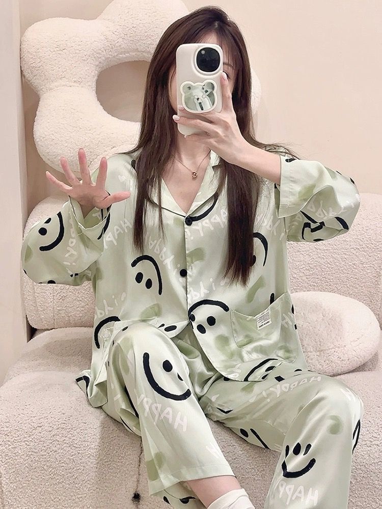 睡衣女春秋款長袖冰絲家居服2023年新款網紅爆款夏季寬鬆薄款套裝