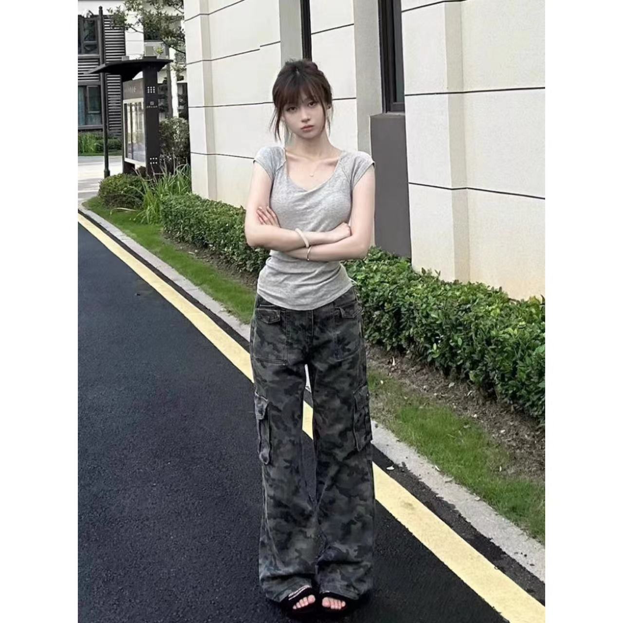秋冬季迷彩牛仔褲女工裝百搭美式辣妹高街遮肉闊腿拖地長褲歐美風