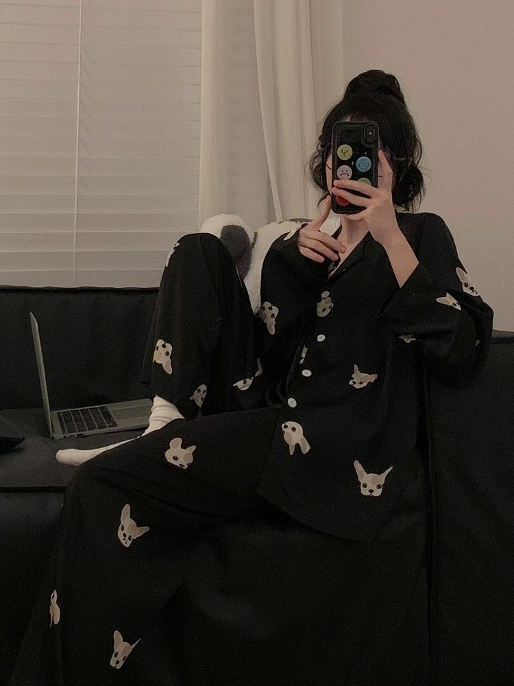 新款睡衣春秋季小奶狗長袖薄款冰絲寬鬆可愛女士開衫家居服套裝夏