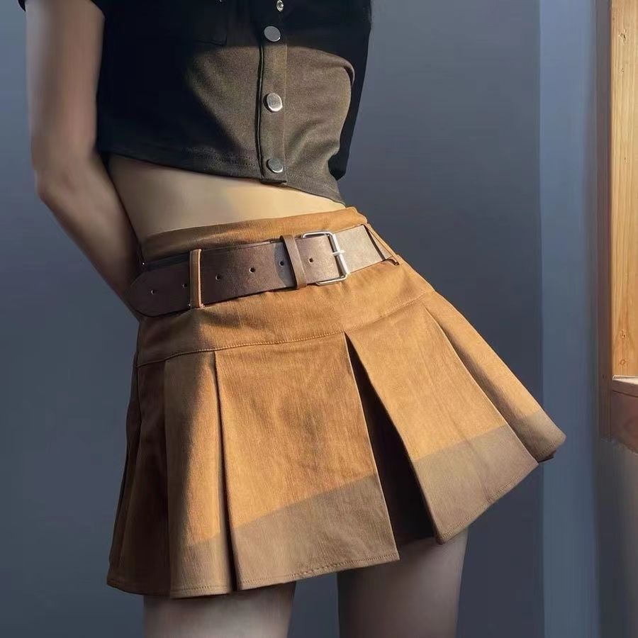 Brown American Retro Pleated Miniskirt Little Women Summer College Style High Waist Hot Girl A-Line Skirt