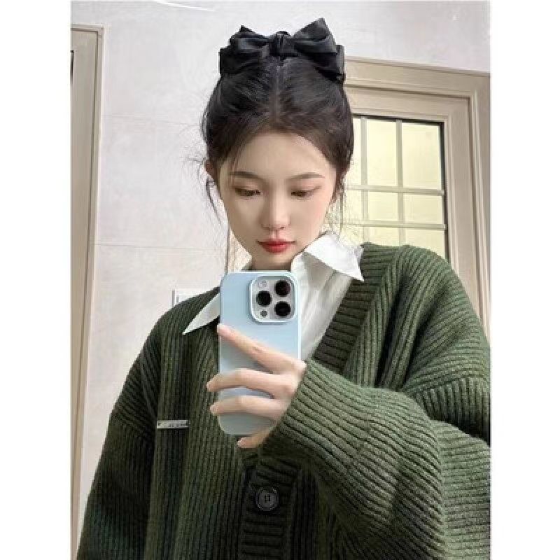 早秋季綠色v領針織開衫女春秋日系慵懶風復古百搭毛衣外套上衣