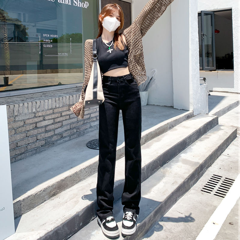高腰黑色直筒牛仔裤女新款百搭2023年简约夏季小众韩版显瘦长裤子