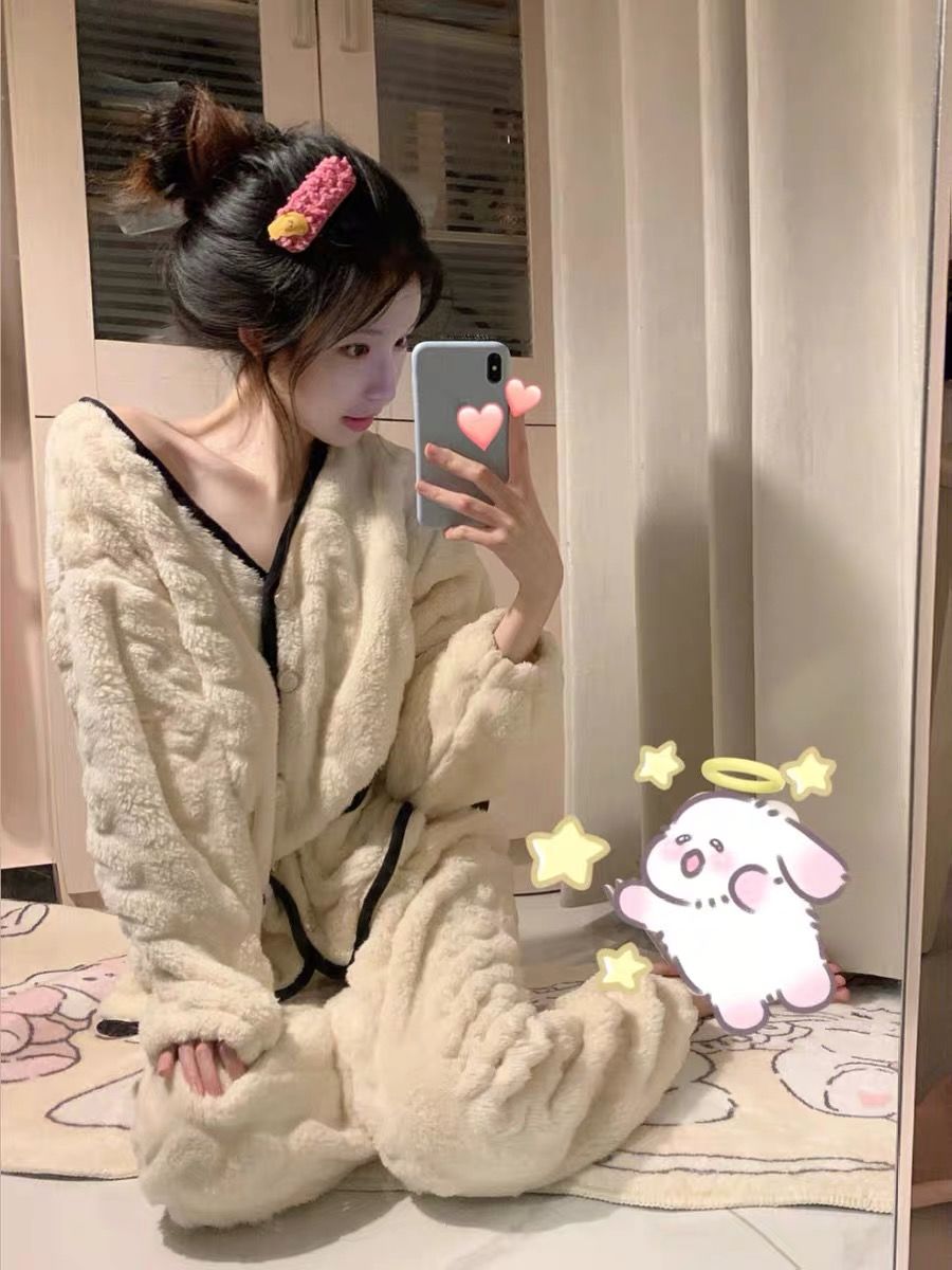 加絨加厚秋冬季新款珊瑚絨睡衣女士學生ins宿舍可外穿家居服套裝