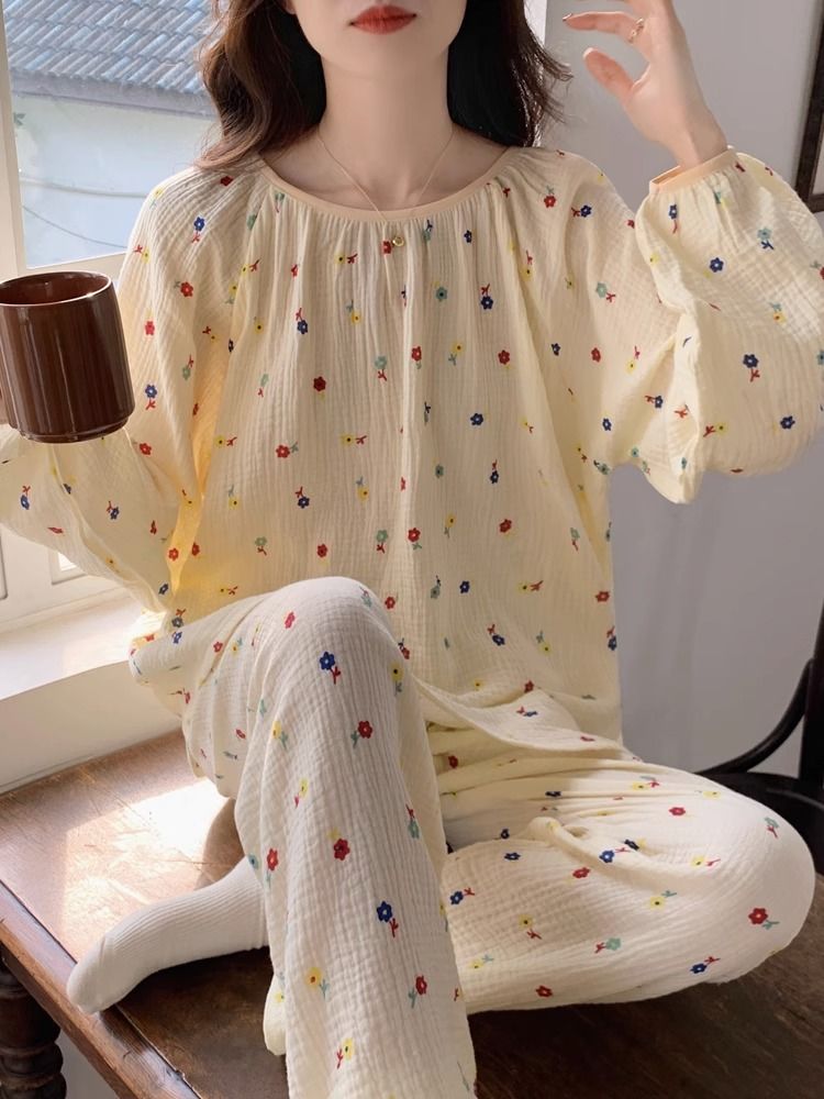 睡衣女士春秋季純棉棉紗薄款長袖2023新款夏天甜美可愛家居服套裝