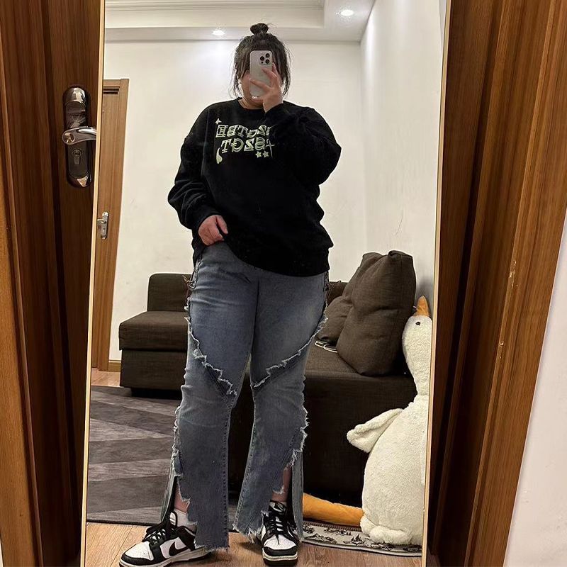 300斤梨形身材微喇開叉牛仔褲女高腰春秋大碼胖mm寬鬆顯瘦喇叭褲2