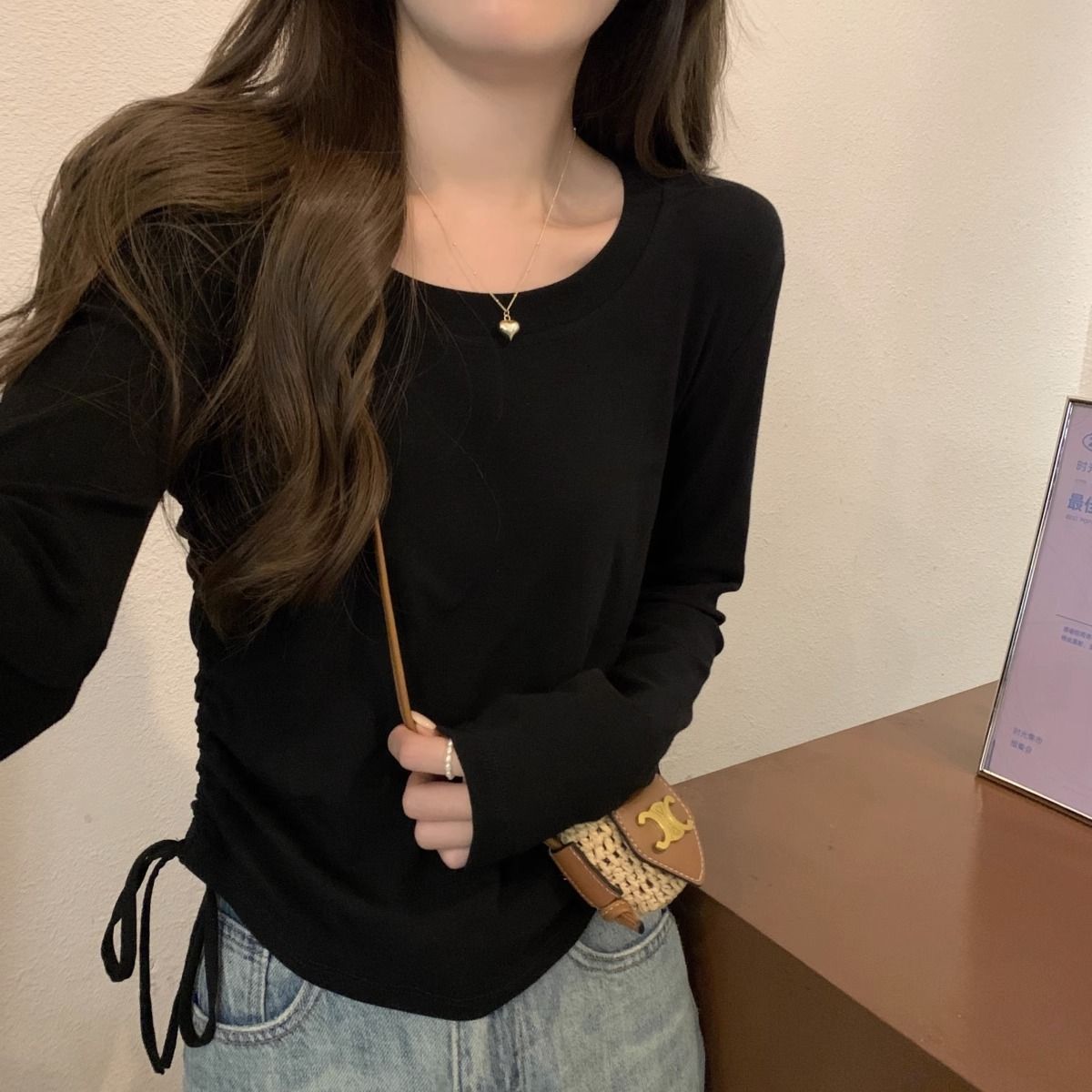 抽繩設計感小眾打底衫女T恤女秋冬純欲風修身顯瘦長袖內搭上衣ins