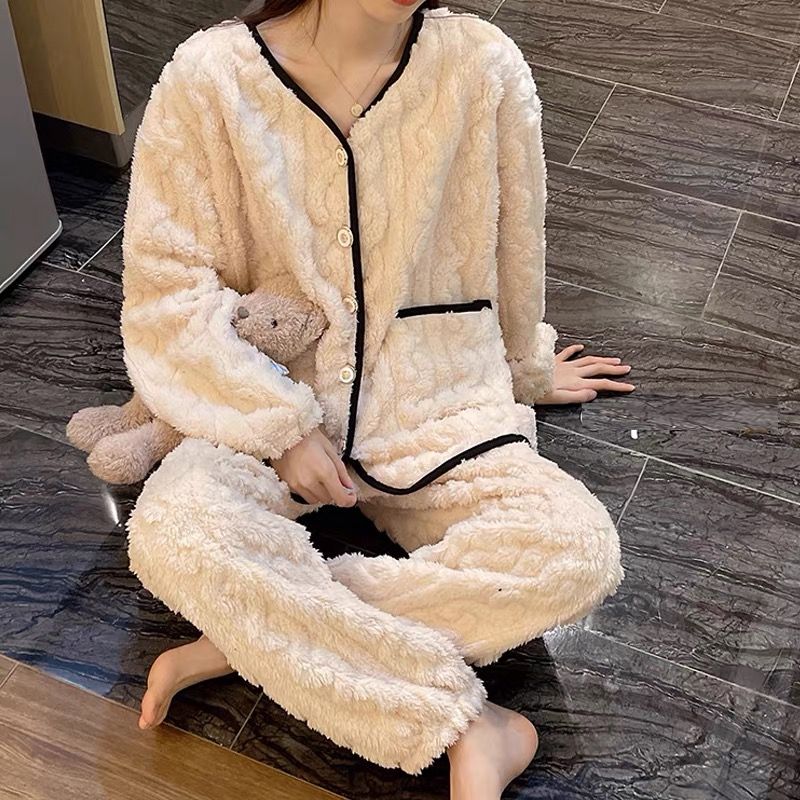 珊瑚絨睡衣女士秋冬季可愛韓版加絨加厚法蘭絨保暖家居服套裝冬天
