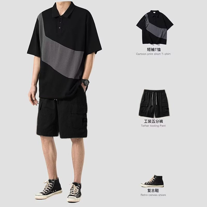 兩件套男短袖個性拼色襯衫領T恤時尚潮流帥氣網紅潮牌夏季Polo衫