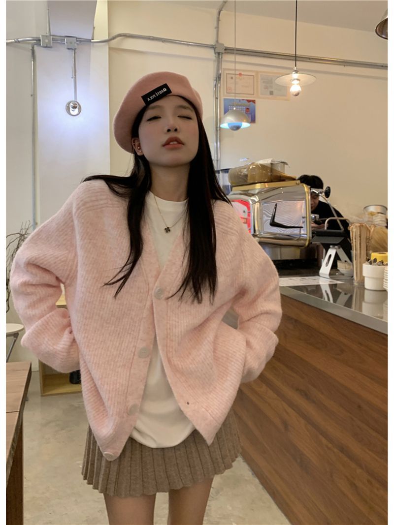 粉色甜美V領毛衣女秋冬設計感小眾韓系溫柔風軟糯針織開衫外套