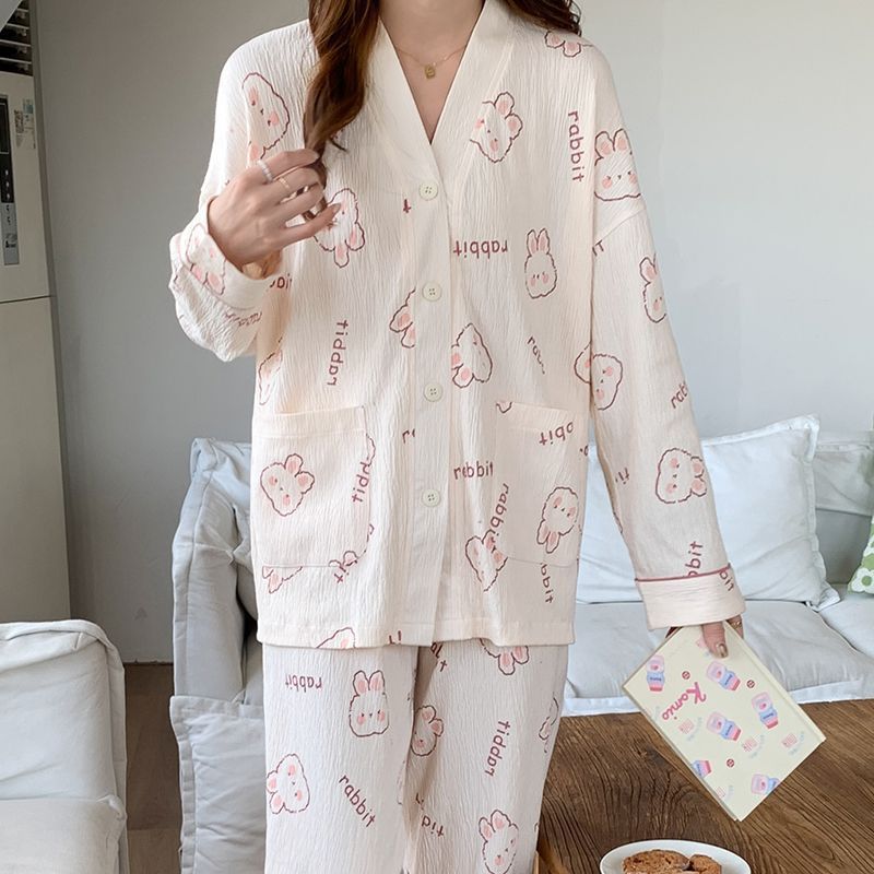 新款睡衣女春秋季日系和服長袖開衫學生套裝韓版冬天可外穿家居服