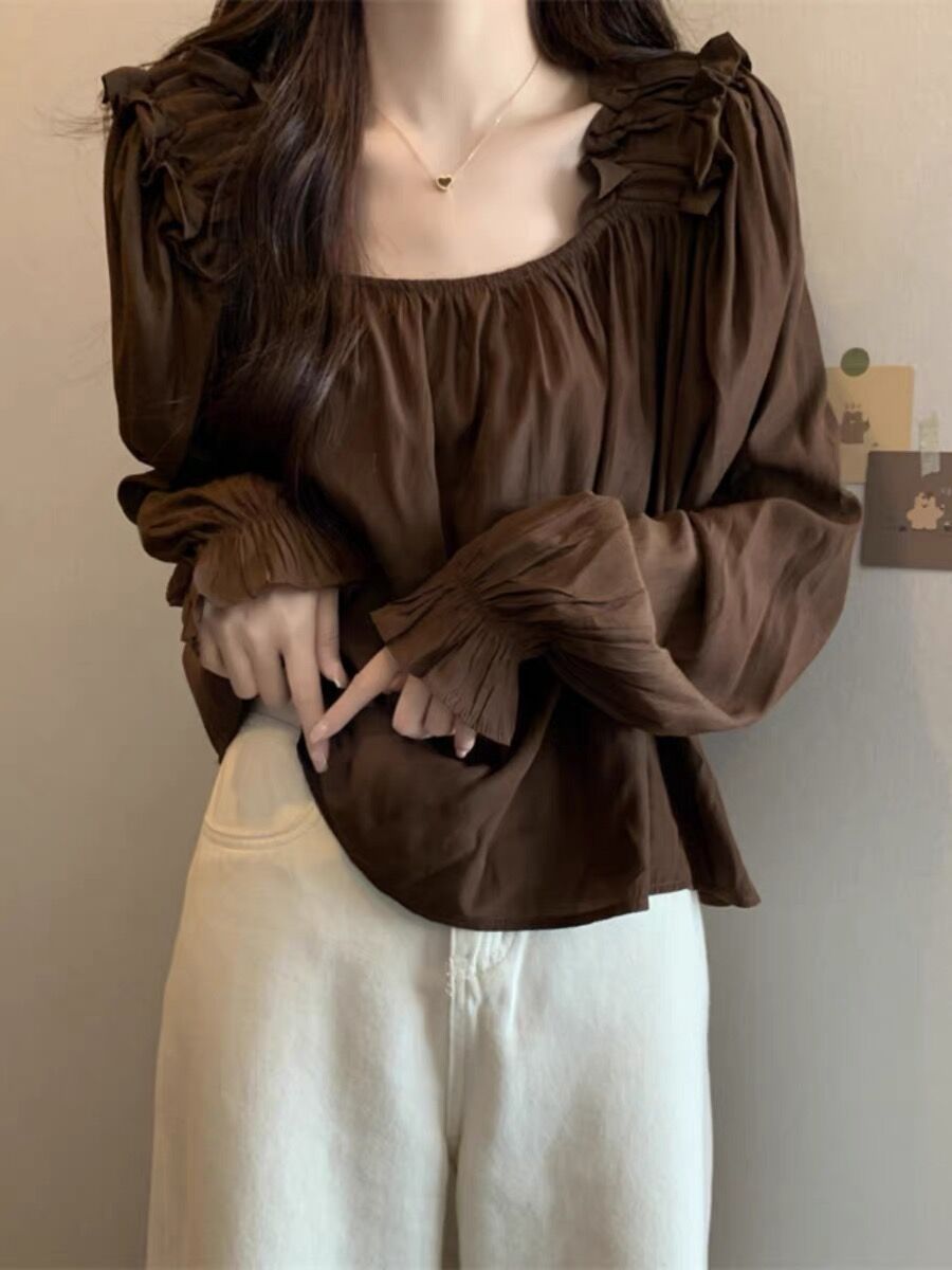 大碼荷葉邊長袖襯衫女秋季2023新款韓版胖mm寬鬆遮肉顯瘦方領上衣