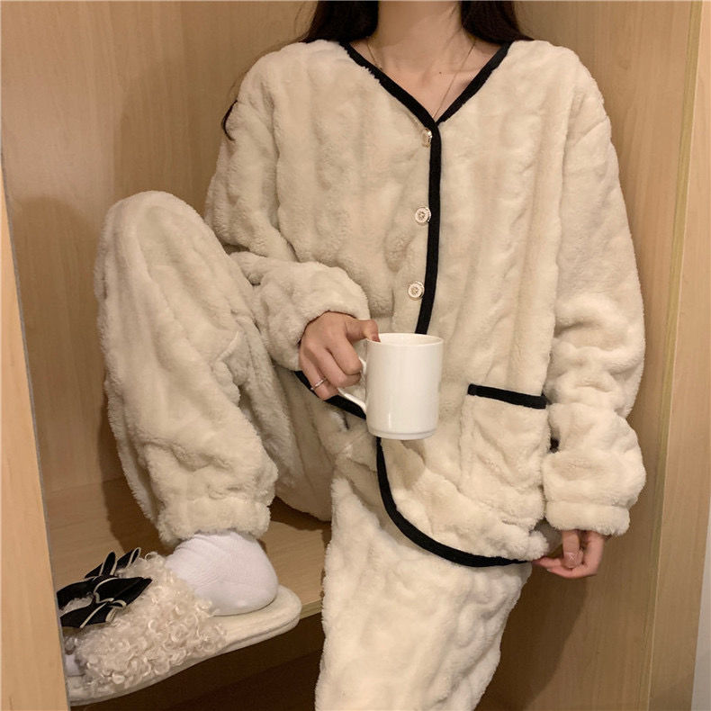 睡衣女士秋冬季珊瑚絨開衫大碼法蘭絨加絨加厚兩件套可外穿家居服