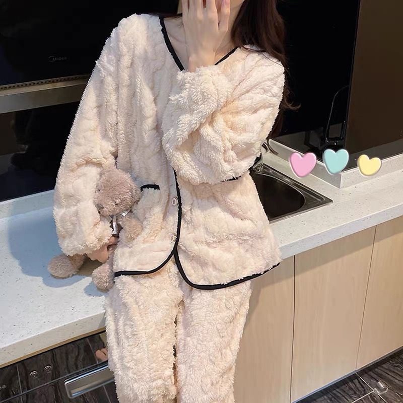 新款珊瑚絨睡衣女秋冬季加絨加厚法蘭絨可外穿保暖家居服套裝冬天