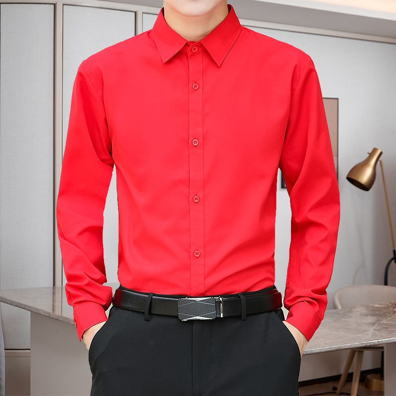 高級感大紅色襯衫男本命年結婚酒紅色抗皺透氣帥氣氣質上衣服男裝